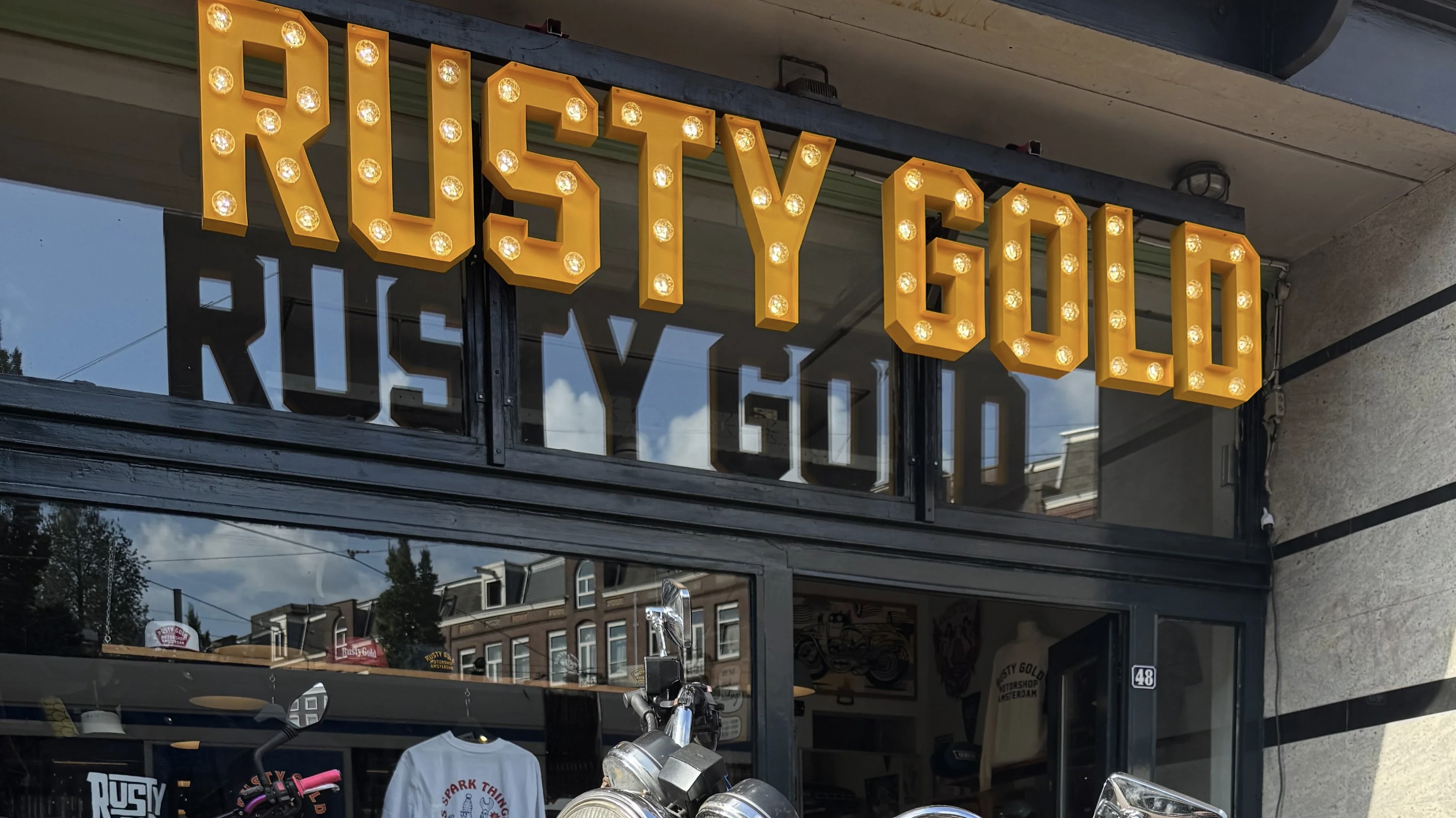 Custom and vintage bikes outside Rusty Gold in Amsterdam