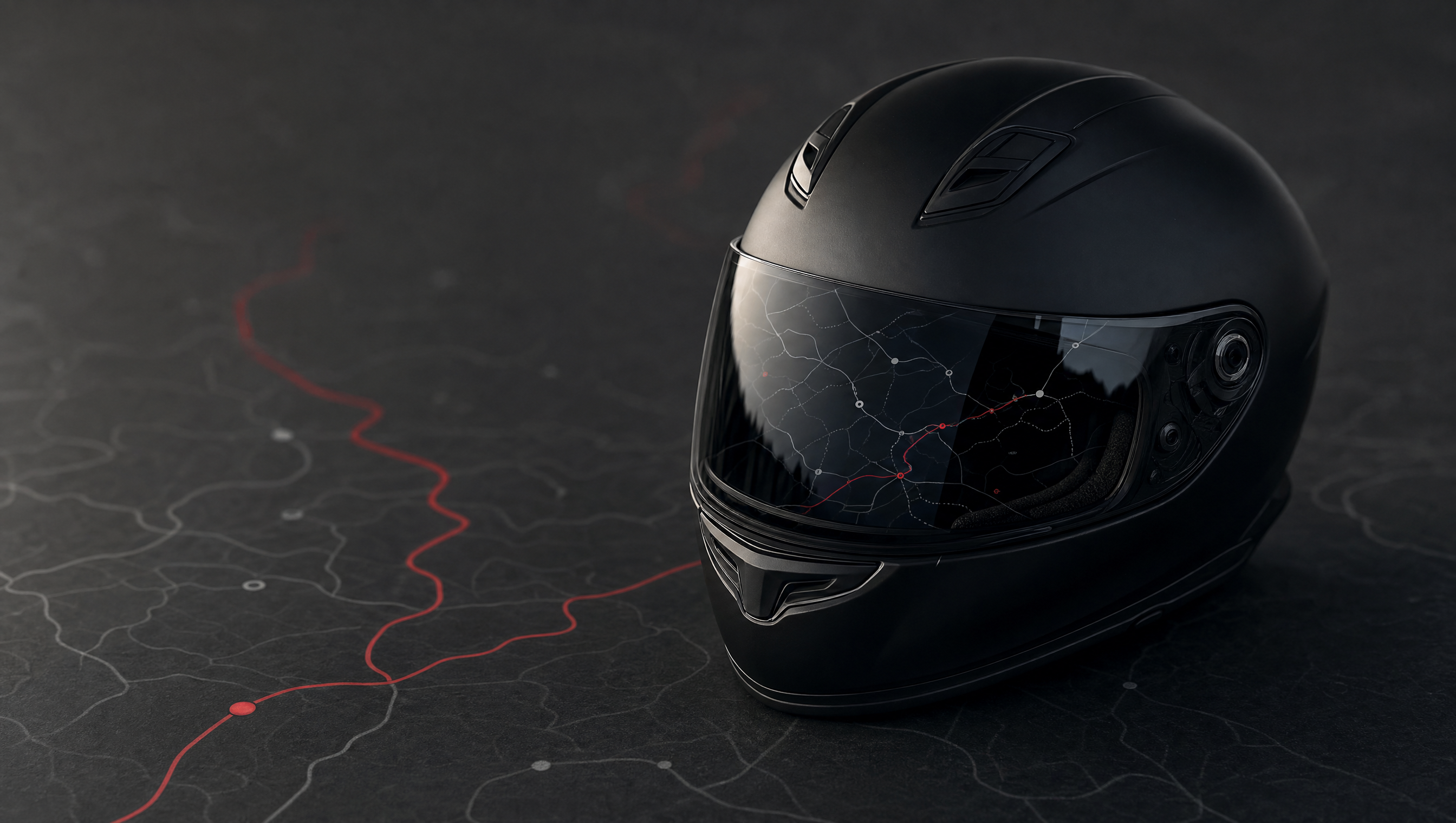 A matte black motorcycle helmet on a dark map with a red route line