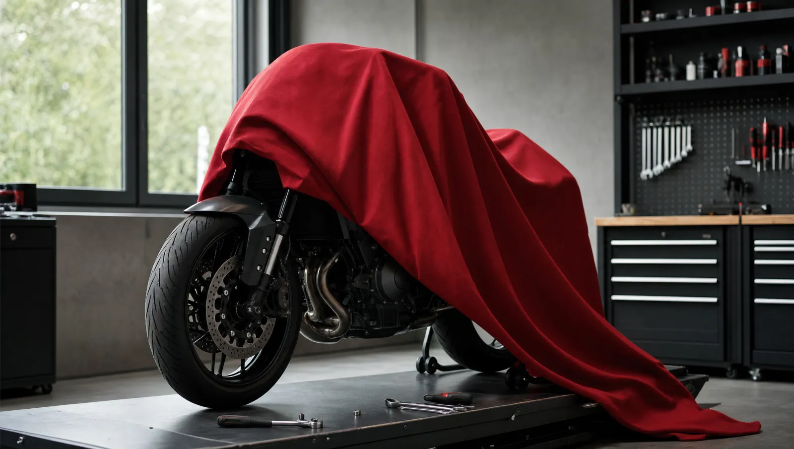 A motorcycle hidden under a red cover in The Rider App workshop